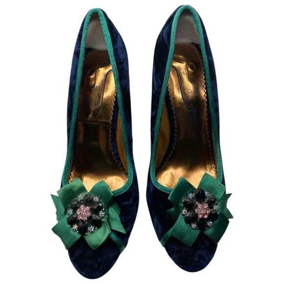 Poetic License Heels Shoes Crushed Velvet Blue Peep Toe Brooch Dazzling Size 10 - Picture 10 of 10